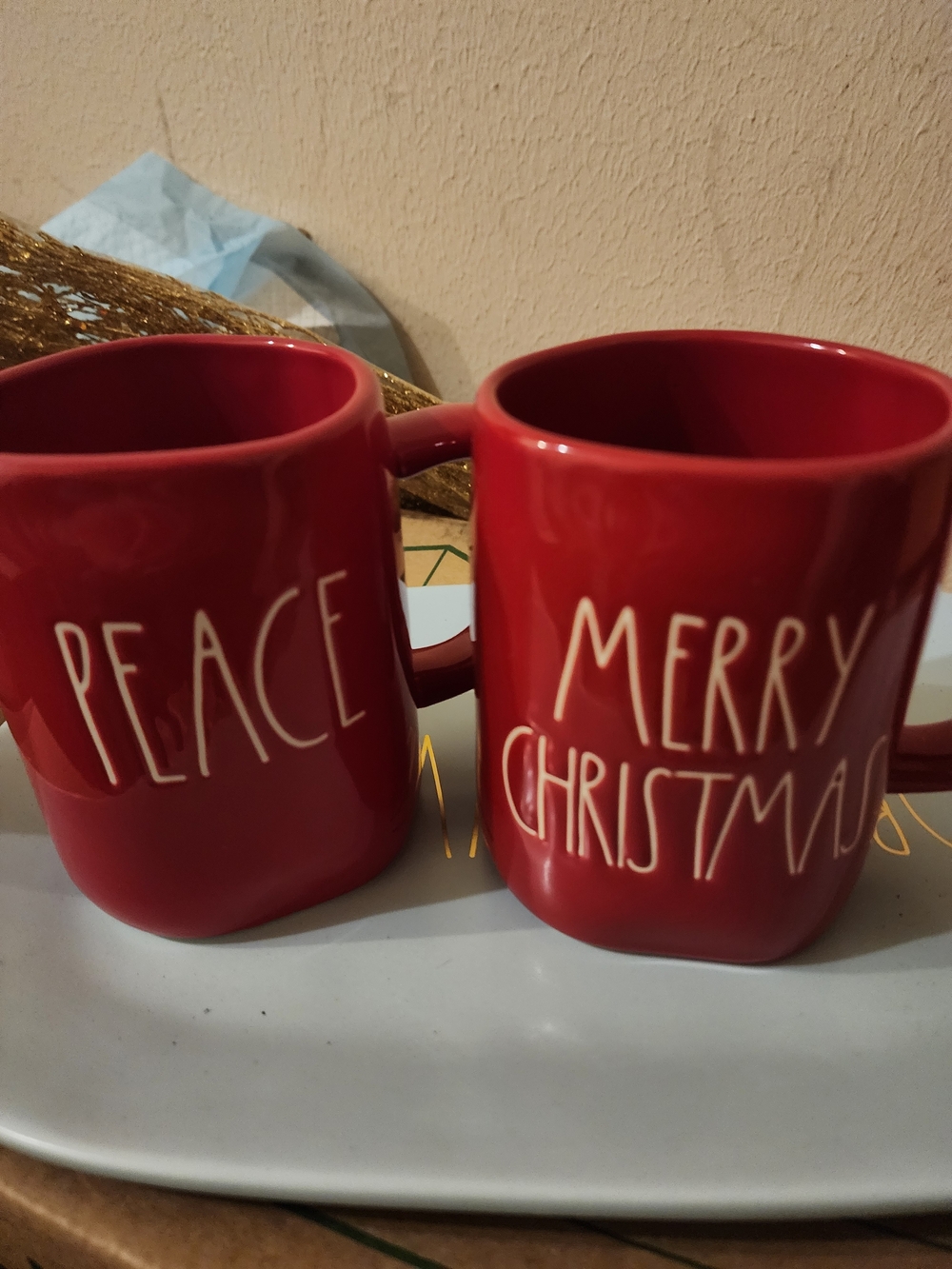 Rae Dunn Red "Peace And MERRY  Ceramic MugS